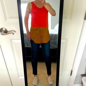 Color Blocking Tank. Dutch Designer. Pink & Tan with Buttons & Pocket. Size S.